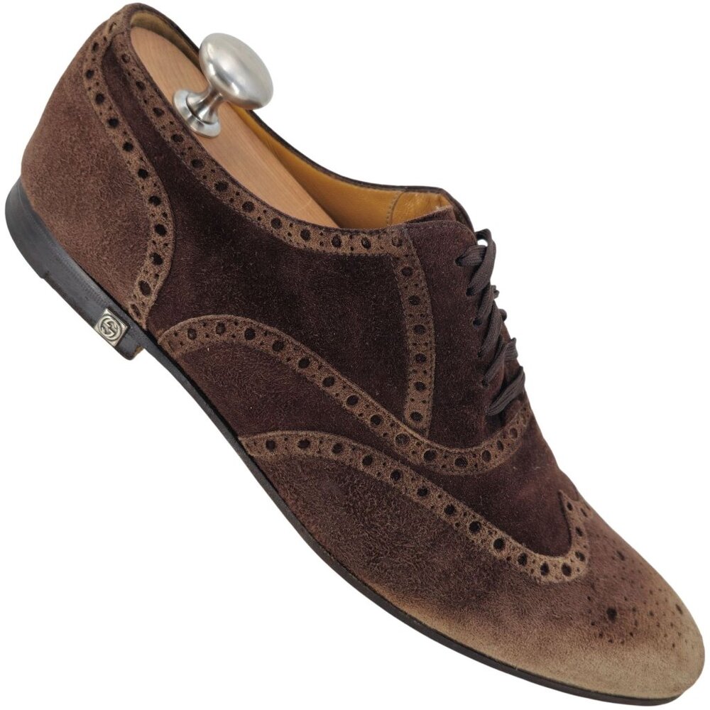 Gucci Italy Men size 7.5E Brown Suede Wingtip Derby Oxfords Designer Dress Shoes - Picture 1 of 14